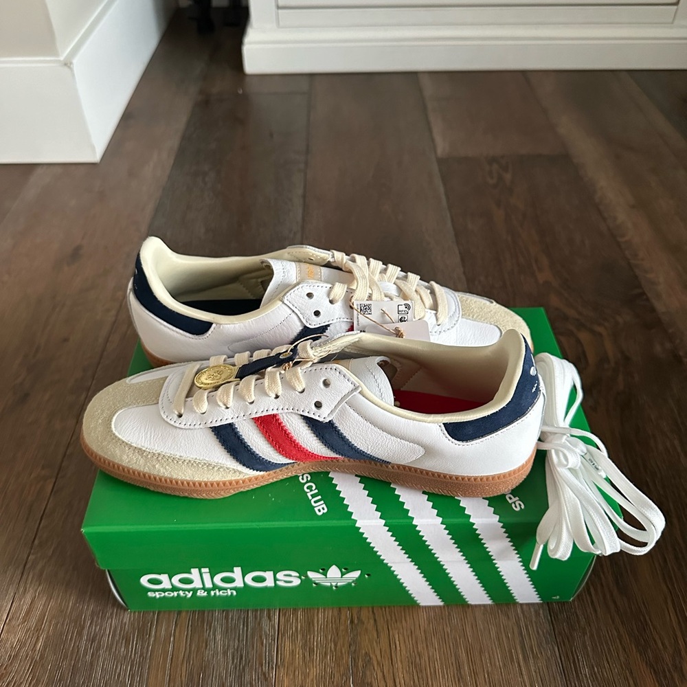 Adidas Sporty & Rich Sneakers in White, Blue, and Red